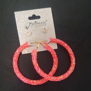 Princess Accessories® Bright Pink Sequin Hoop And Diamond Studs